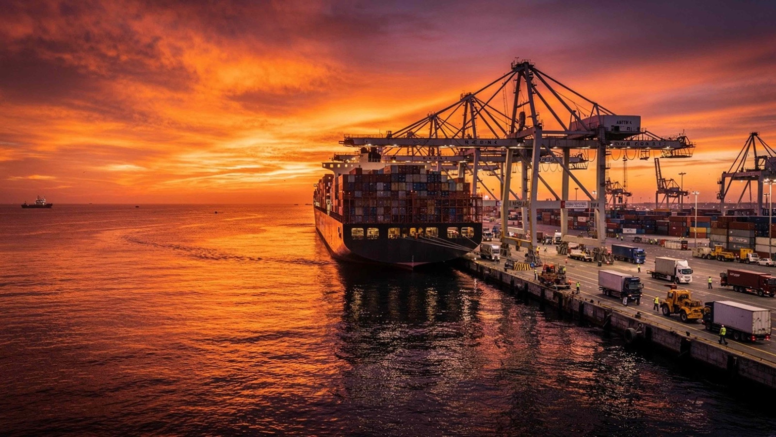 A container ship at port during a golden sunset