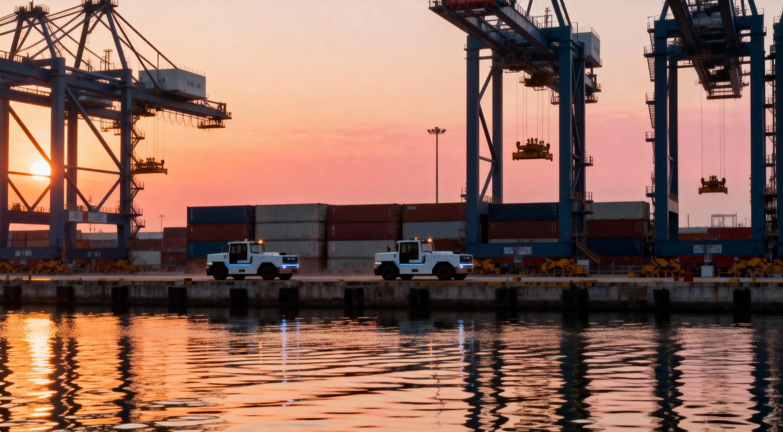 Cargo-handling vehicles on a port dock at sunset