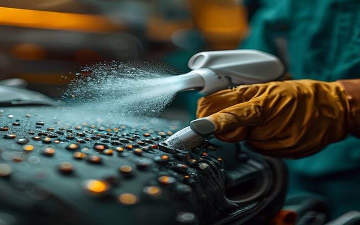 NanoEFX water-based spray being applied evenly to an engine air filter